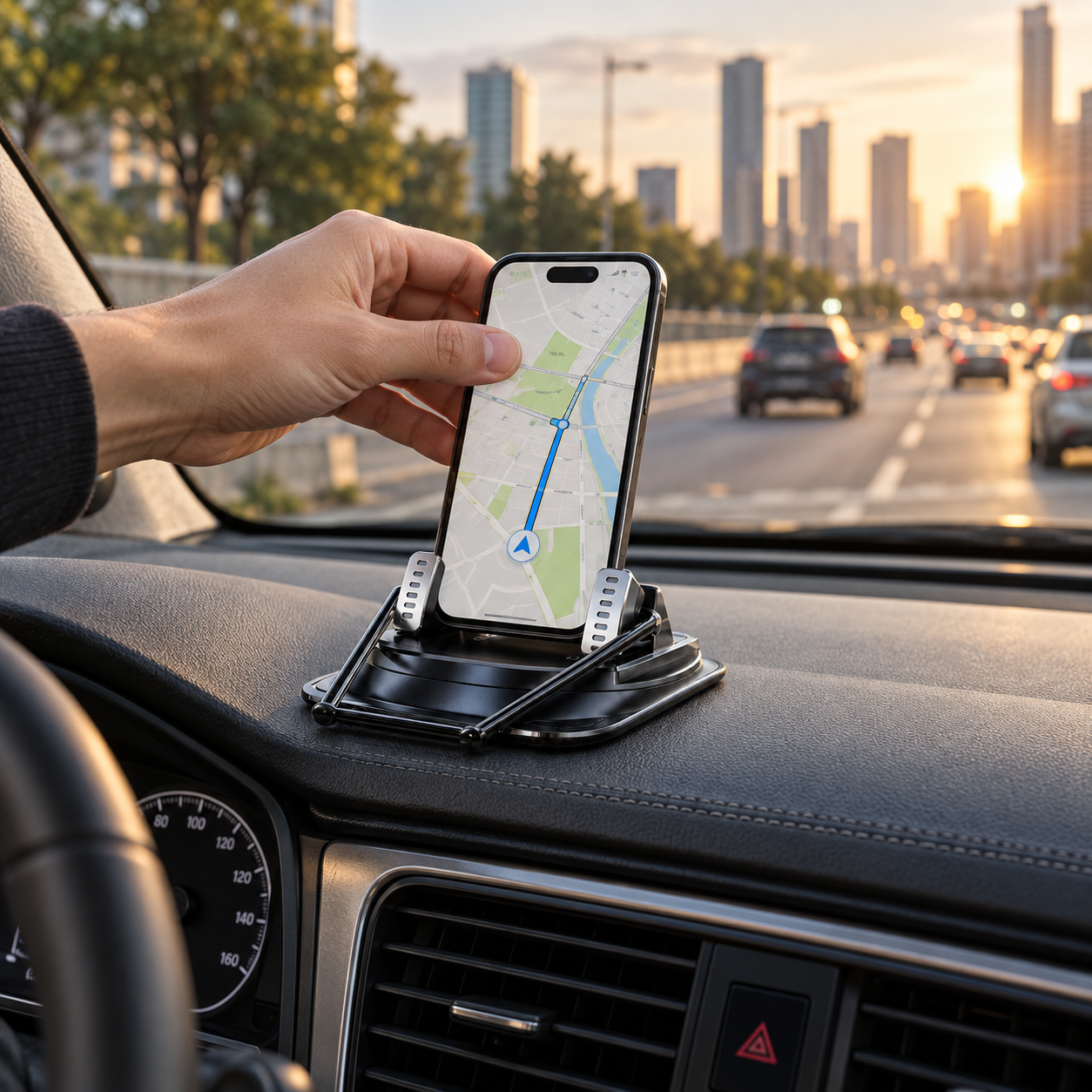 Mechanical low-dashboard phone holder in a car